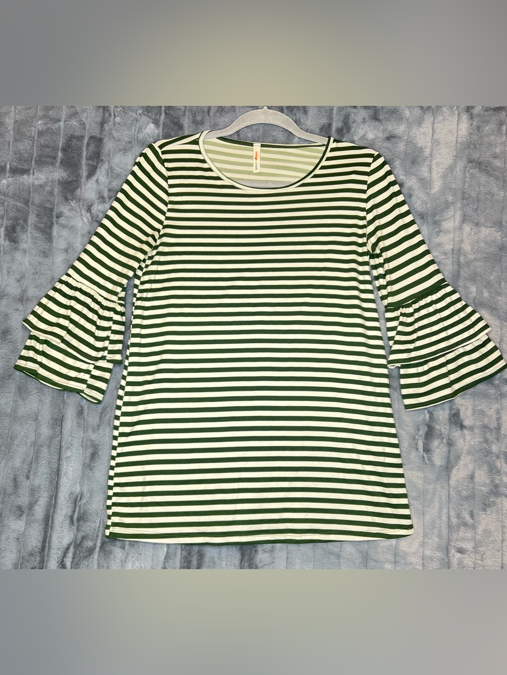 Orange Creek Striped Tiered Bell Sleeve Top Green White Medium Boho